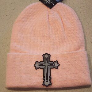 Cross Patched Knit Cuffed Beanie in Soft Pink